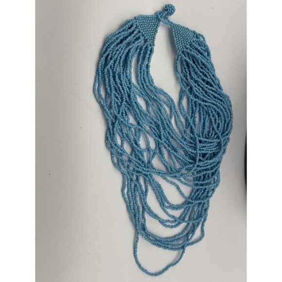 Blue Seed Beaded Multi Strand Opera Style Necklace Handmade - Picture 3 of 6